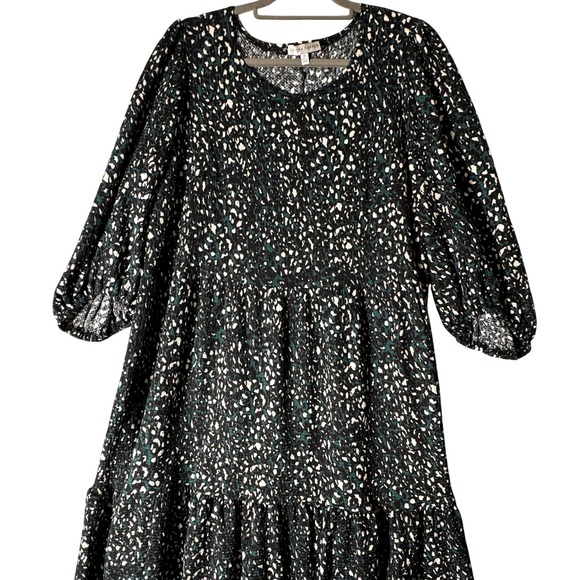 Black Teal White Animal Print Tiered Midi Dress Women's Size 1X Ballon Sleeve - Picture 9 of 13